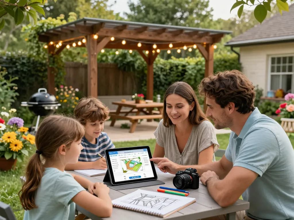 Engaging family gathering around a pergola with software configuratore pergole, showcasing customization possibilities in a vibrant outdoor setting.