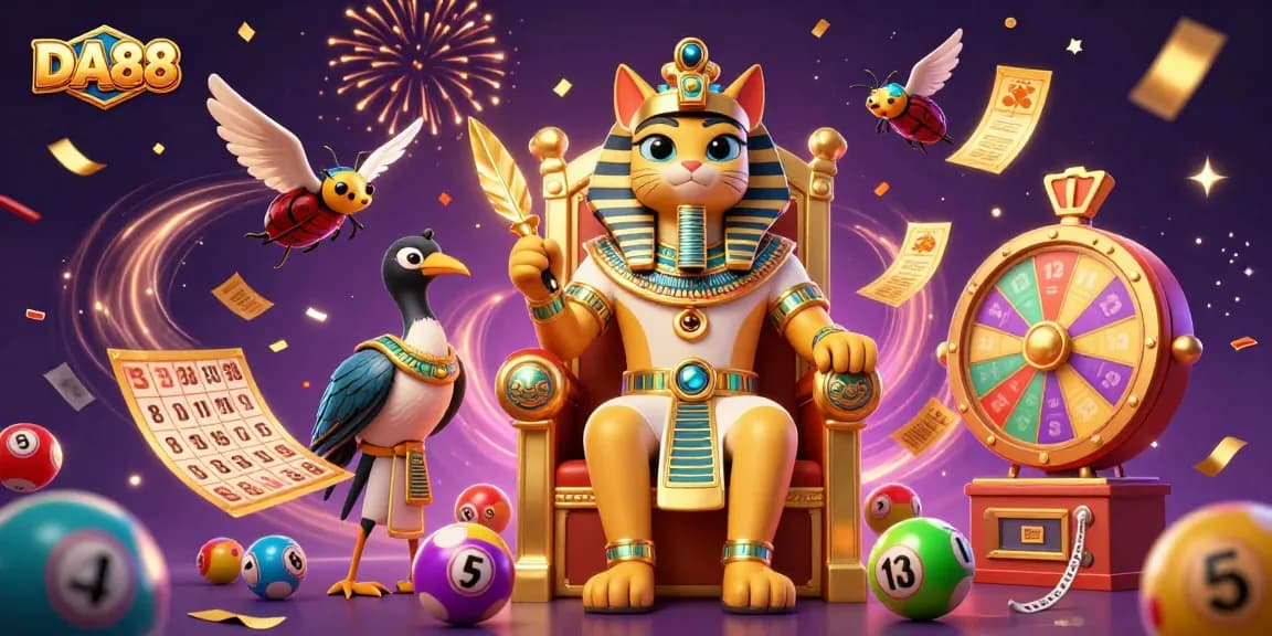 Experience the excitement of DA88 with colorful lottery elements, golden treasures, and a vibrant atmosphere.