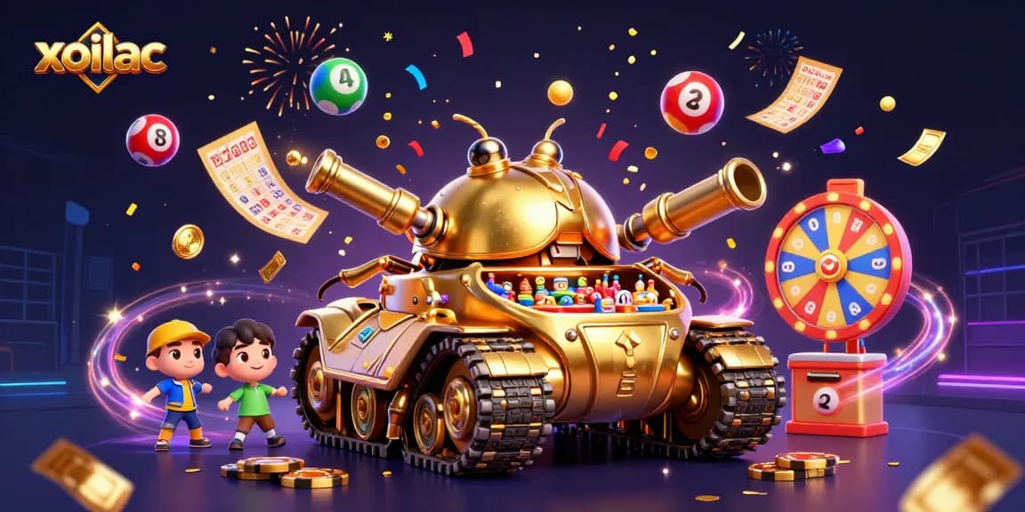 Engage with xoilac's vibrant 3D casino scene featuring a massive golden beetle tank and festive game elements.