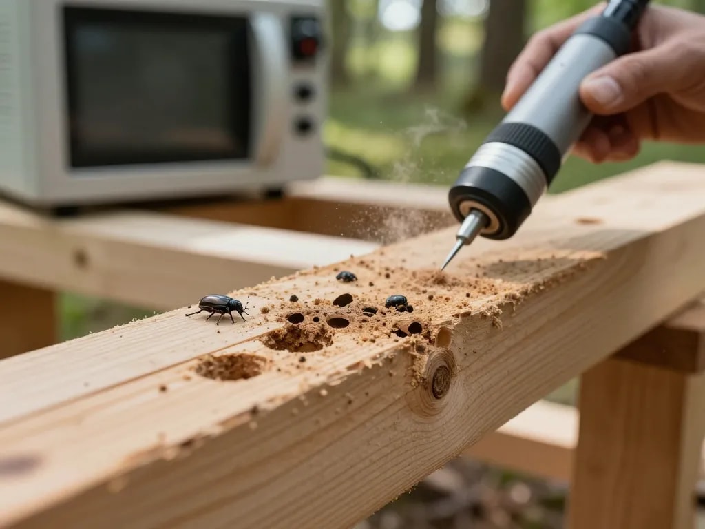 Sterilizzazione efficace a microonde per coleotteri del legno mostrata su legno naturale con evidenti segni di infestazione.