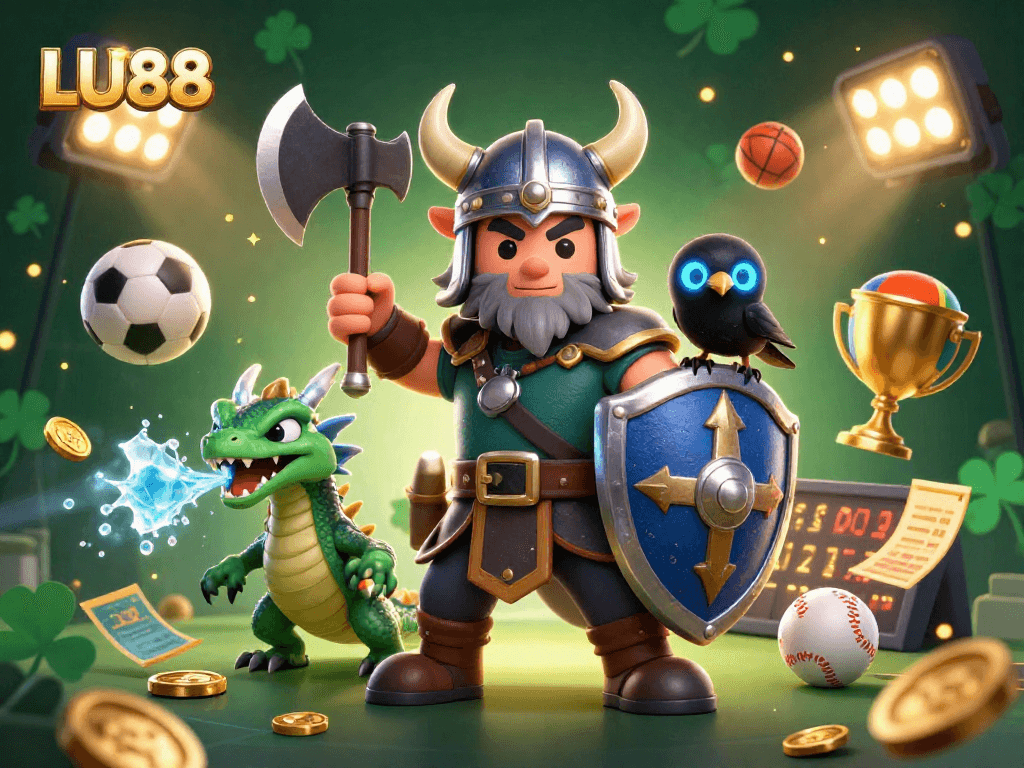 LU88 sports betting scene with Viking warrior, dragon, and raven amidst dynamic elements.