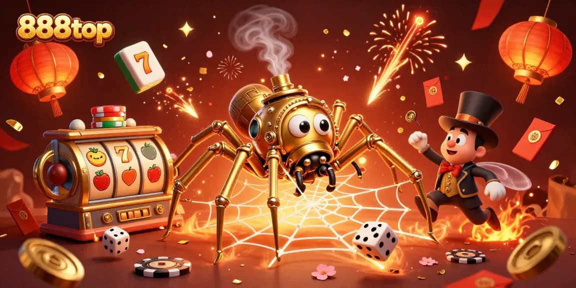 Experience the vibrant 888top casino scene with exciting slot reels and festive elements.