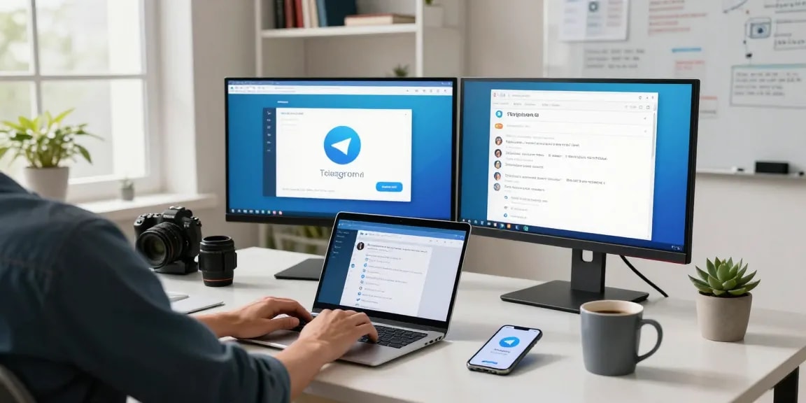 User interacting with the Telegram web version on a laptop in a bright modern workspace.