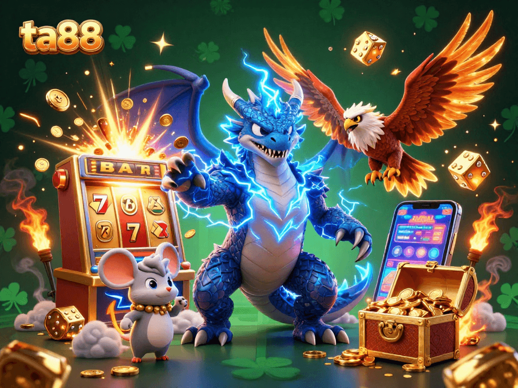 Experience thrilling wins with ta88 in a vibrant 3D casino scene featuring jackpot visuals and dynamic gaming elements.