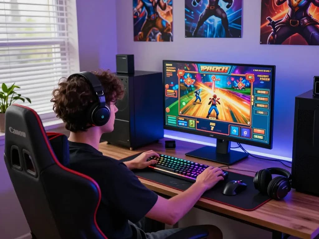 Enthusiastic player at https://go999.de.com enjoying an exciting online slot game in a vibrant gaming setup.