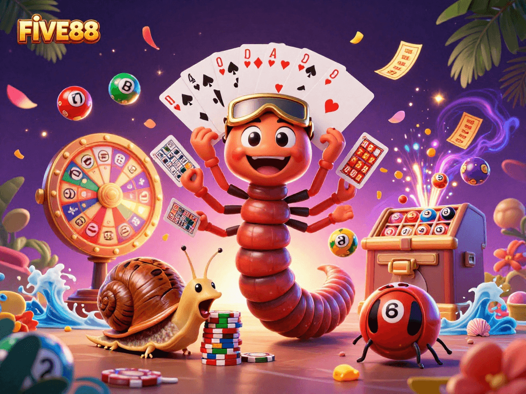 Join the excitement with FIVE88 as a millipede dealer shares cards at a vibrant casino scene.