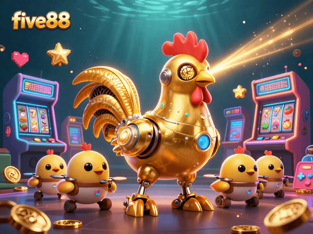 Experience vibrant five88 casino excitement with a futuristic golden rooster robot amidst retro games.