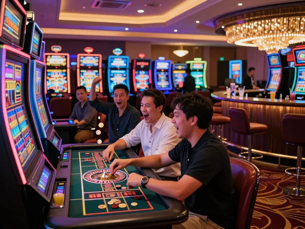 Exciting casino atmosphere with players engaging at https://nohu78.de.com slot machines.