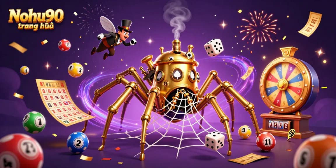 Nohu90 trang chủ showcases an energetic casino scene with a golden spider catching unlucky dice and vibrant lottery balls