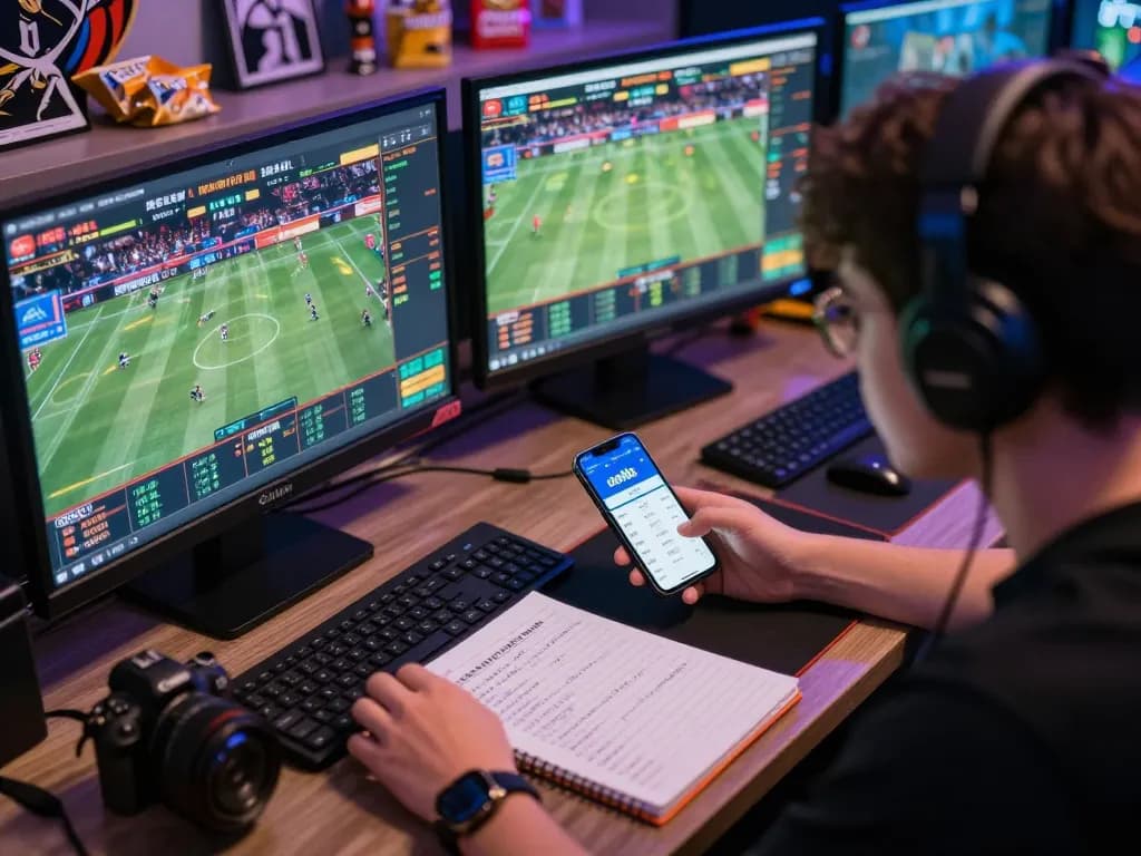 Engaging moment of open88c sports betting with player focused on multiple screens and betting app