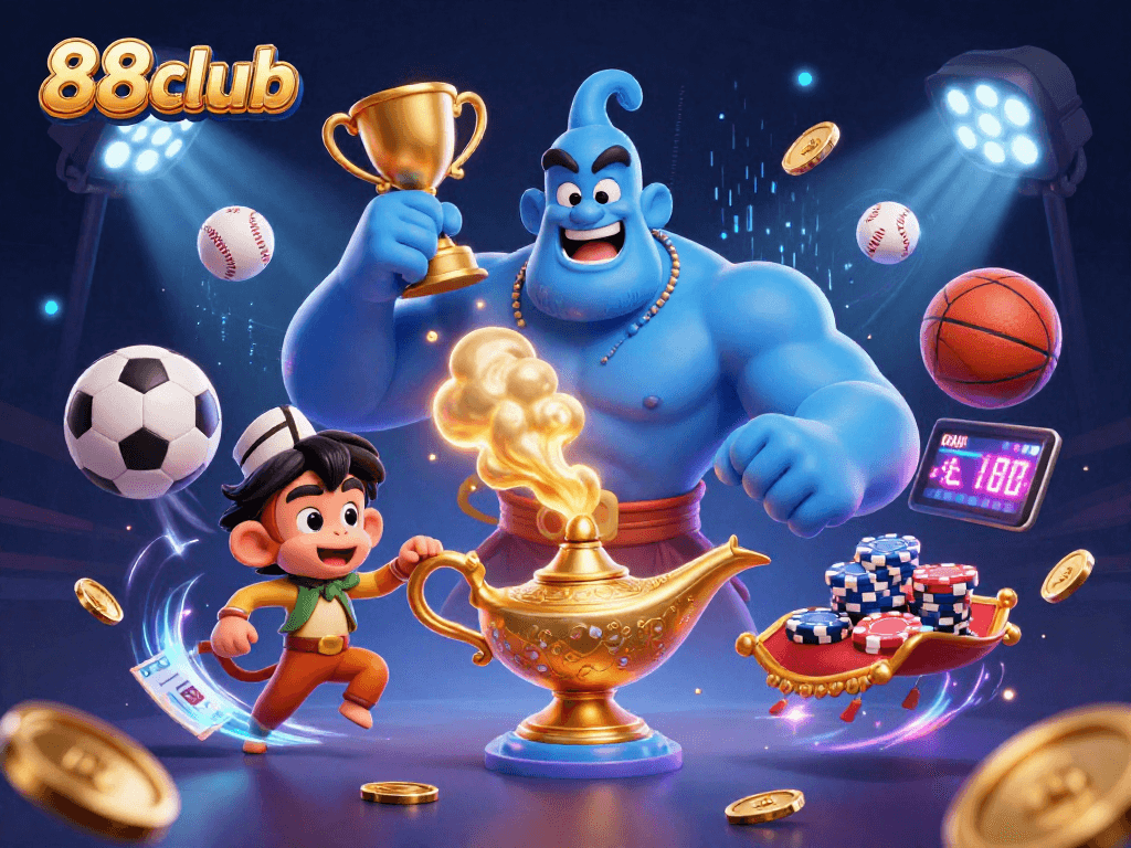 Engage in exciting gameplay at 88club, featuring a dynamic scene with a genie, monkey, and poker chips.