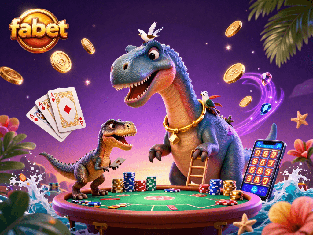 Experience fabet's thrilling gaming with a towering dinosaur dealer among cascading coins and cards.