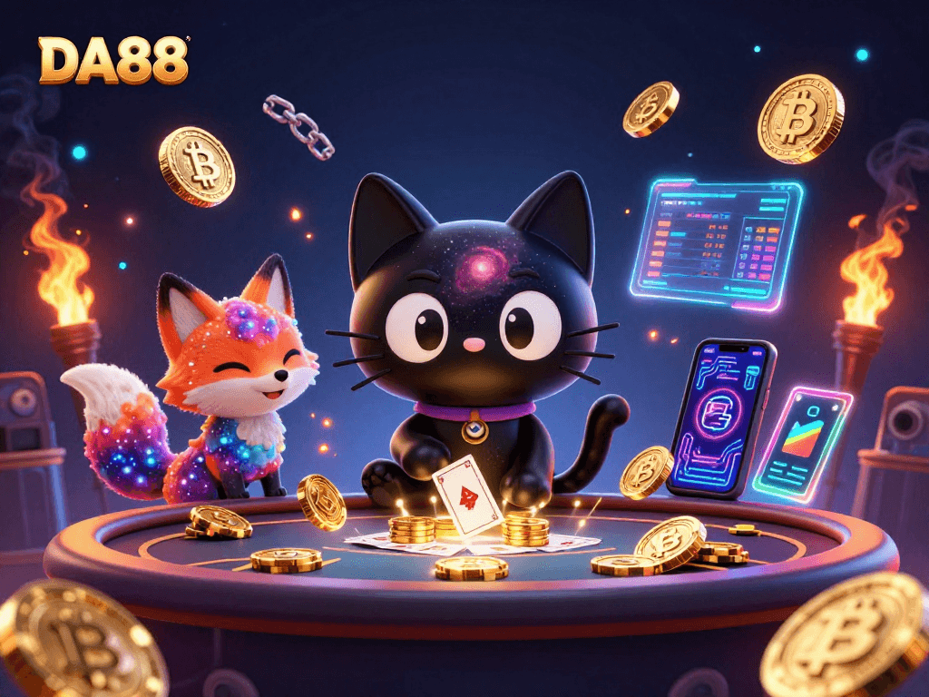 Experience the thrilling cosmos of DA88 as the black hole cat engages with crypto casino excitement.
