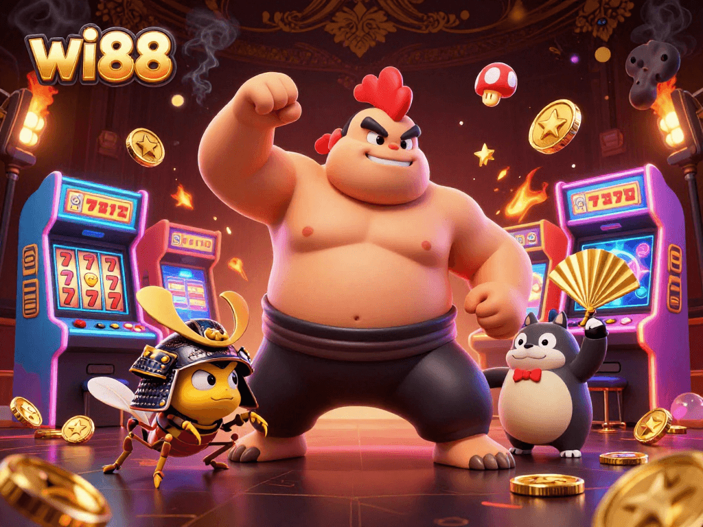 Engage with the exciting world of wi88, featuring powerful characters in a lively casino game scene.