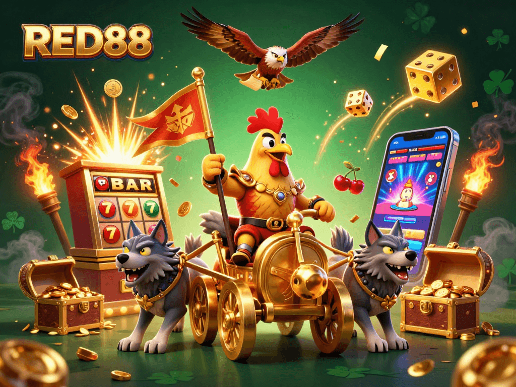 Experience the excitement of RED88 with a cartoon rooster warlord and incredible casino elements.
