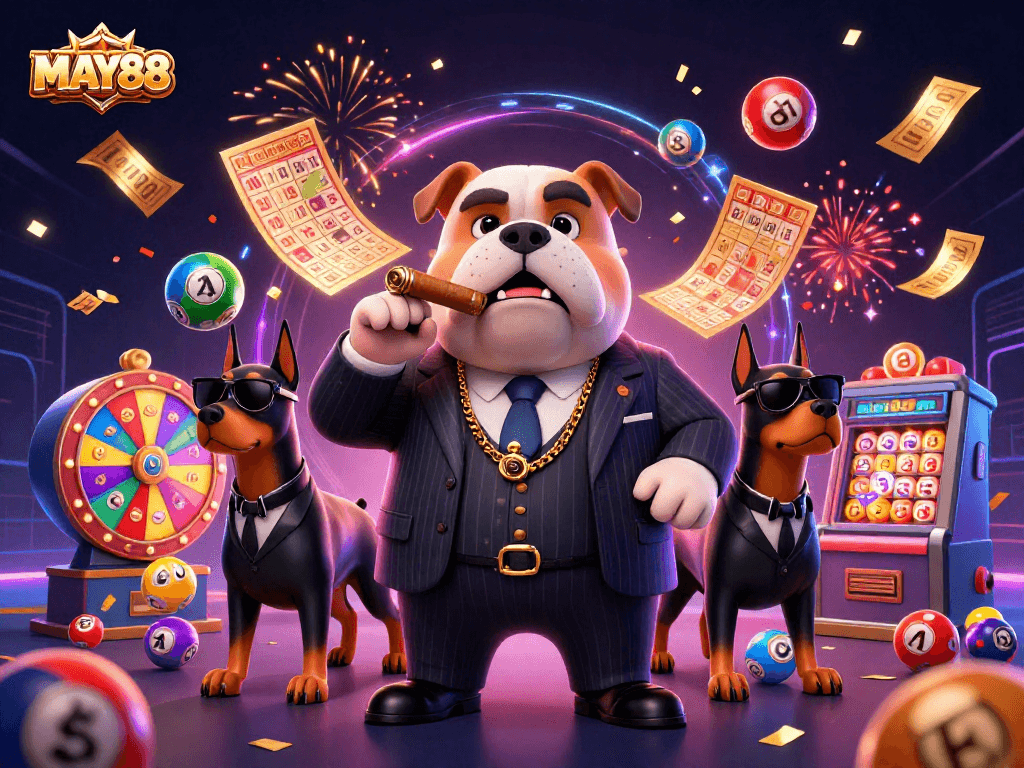 MAY88 brings a thrilling gambling experience with a mafia boss bulldog and dynamic lottery elements.