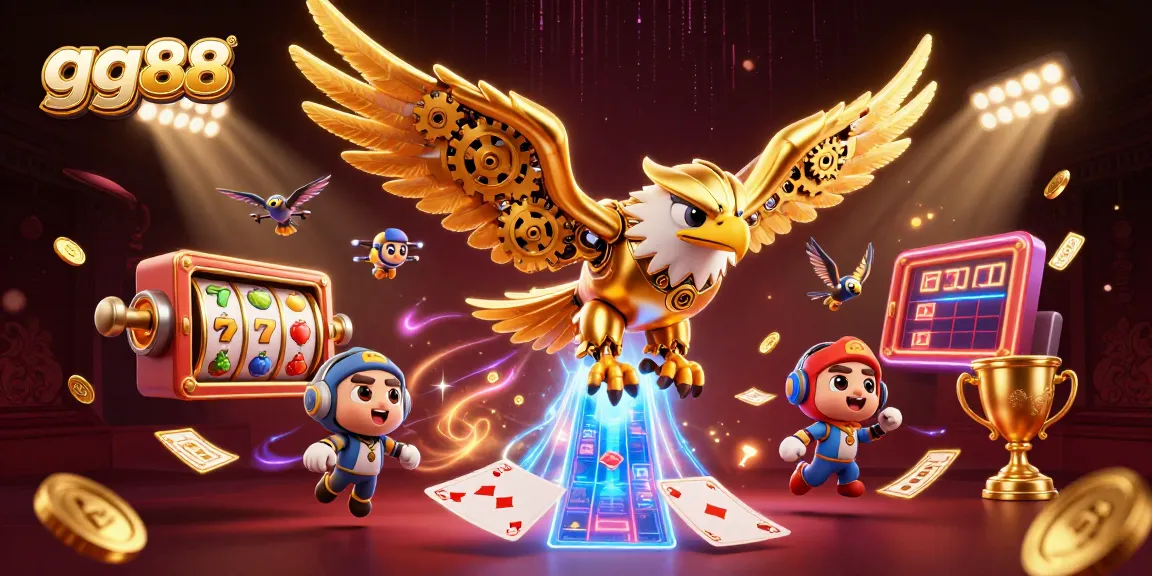 Play thrilling slots at gg88 featuring a cybernetic eagle amidst casino elements and golden coins.