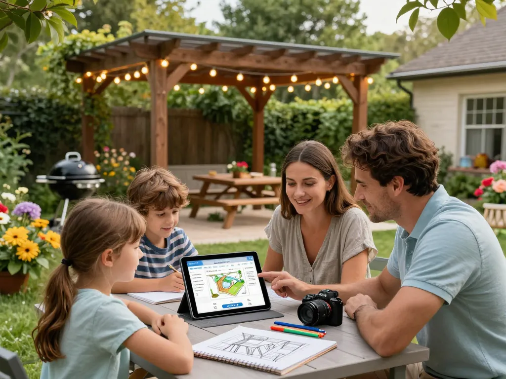 Engaging family gathering around a pergola with software configuratore pergole, showcasing customization possibilities in a vibrant outdoor setting.
