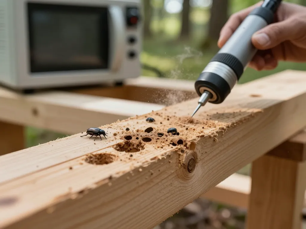 Sterilizzazione efficace a microonde per coleotteri del legno mostrata su legno naturale con evidenti segni di infestazione.