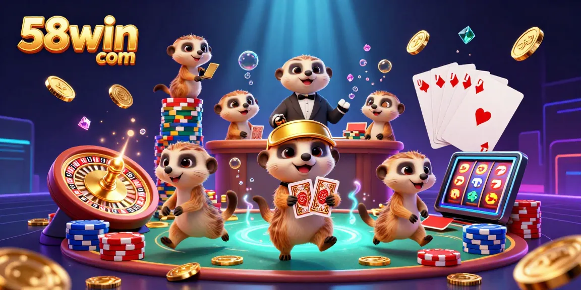 Experience thrilling gaming moments with 58win com in an ultra-detailed casino scene featuring excited meerkats.