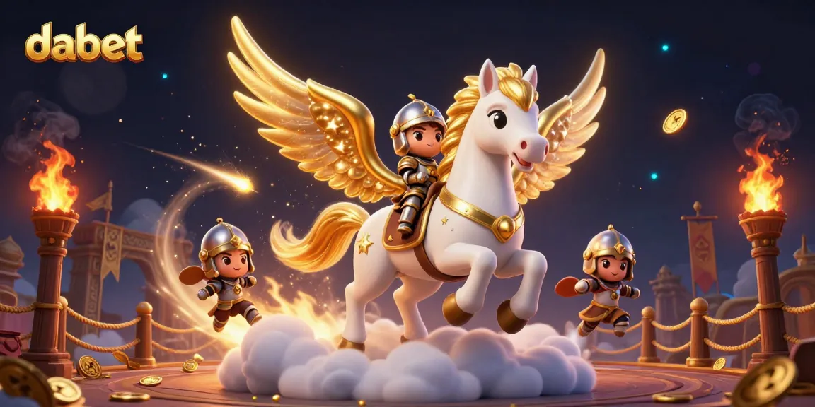 Dabet players immerse in exciting slots and games, as a knight rides a celestial horse amidst vibrant casino imagery.