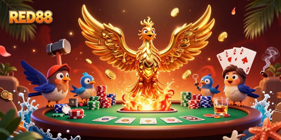 Join the thrilling action of RED88 with molten phoenix, poker excitement, and vibrant casino decor.