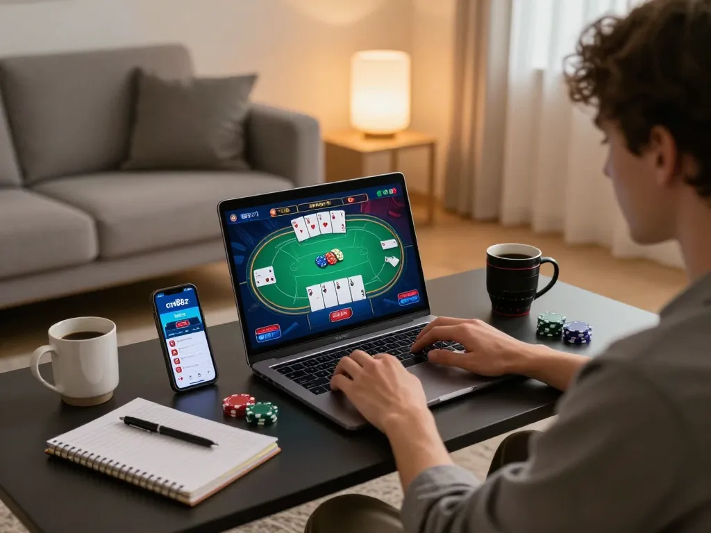 Engaged player using cm88z app on laptop for online casino gaming in a stylish living room