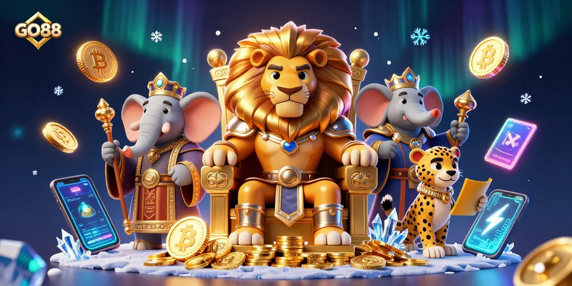 Experience GO88's vibrant casino atmosphere with a lion king on his golden throne, surrounded by dynamic gaming elements.