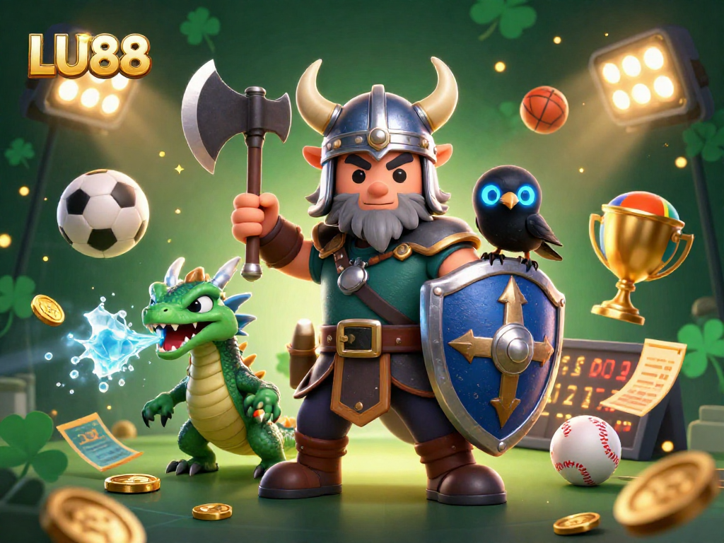 LU88 sports betting scene with Viking warrior, dragon, and raven amidst dynamic elements.