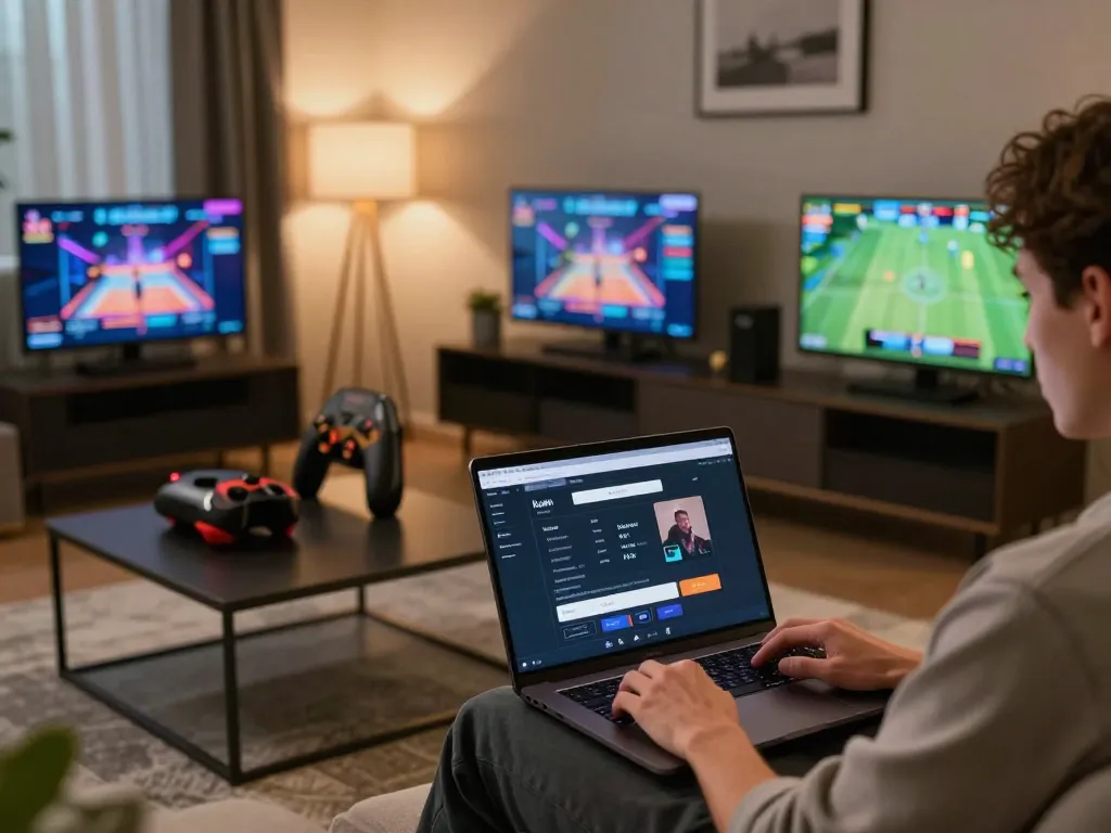 Kuwin đăng nhập interface displayed on a laptop in a cozy living room, showcasing online gambling excitement.