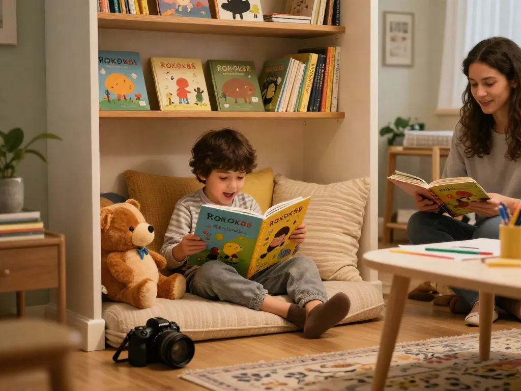 Child enjoying ROKOK88 storybook in cozy reading nook