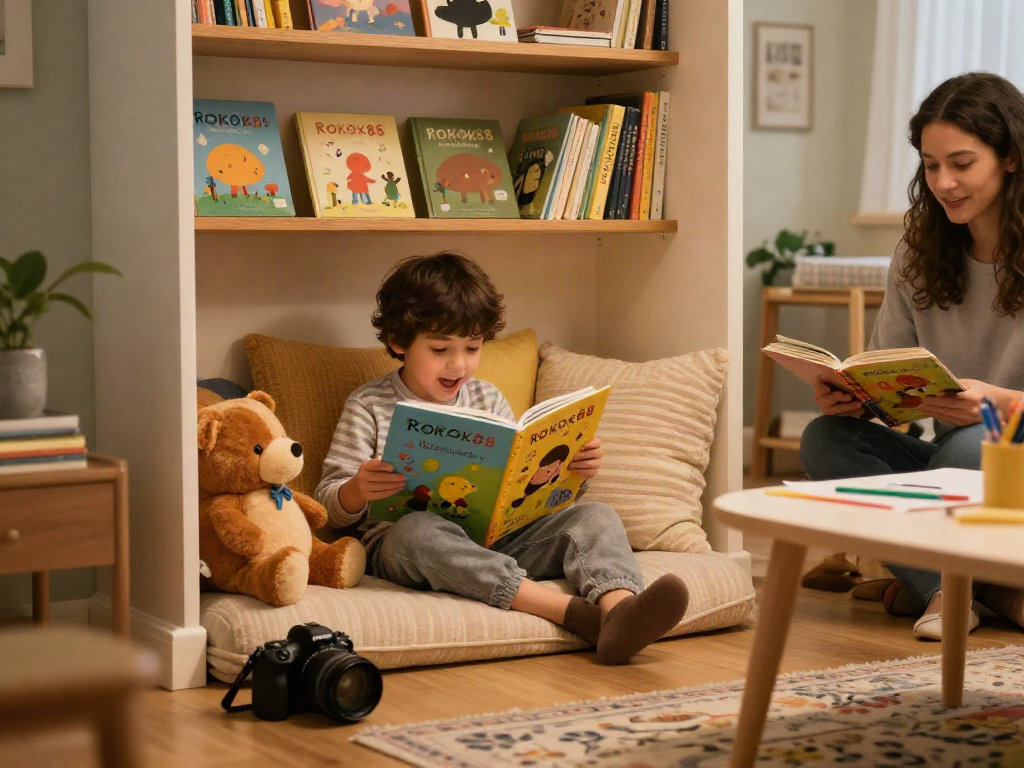 Child enjoying ROKOK88 storybook in cozy reading nook