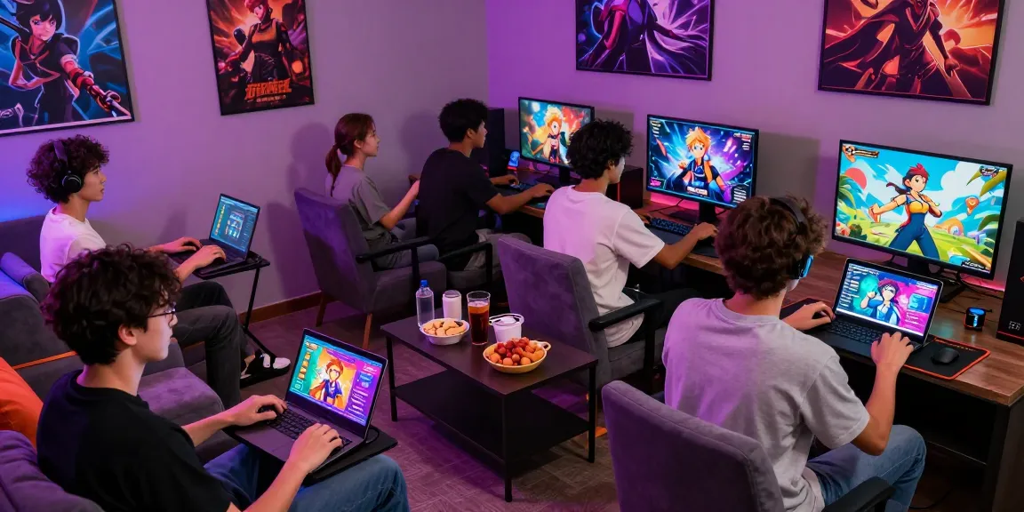 Group enjoying adult games on various devices in a vibrant gaming lounge
