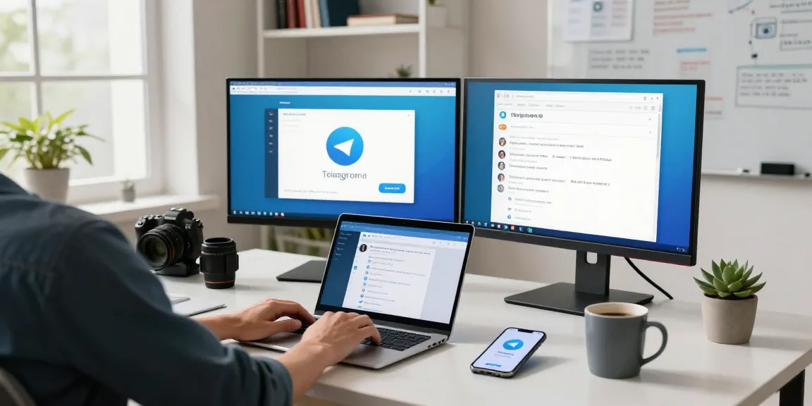 User interacting with the Telegram web version on a laptop in a bright modern workspace.