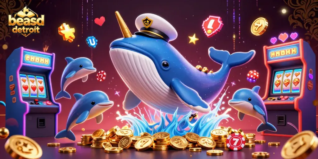 Experience excitement with beasdetroit as playful dolphins showcase poker tricks and a magnificent whale leads the casino fun.