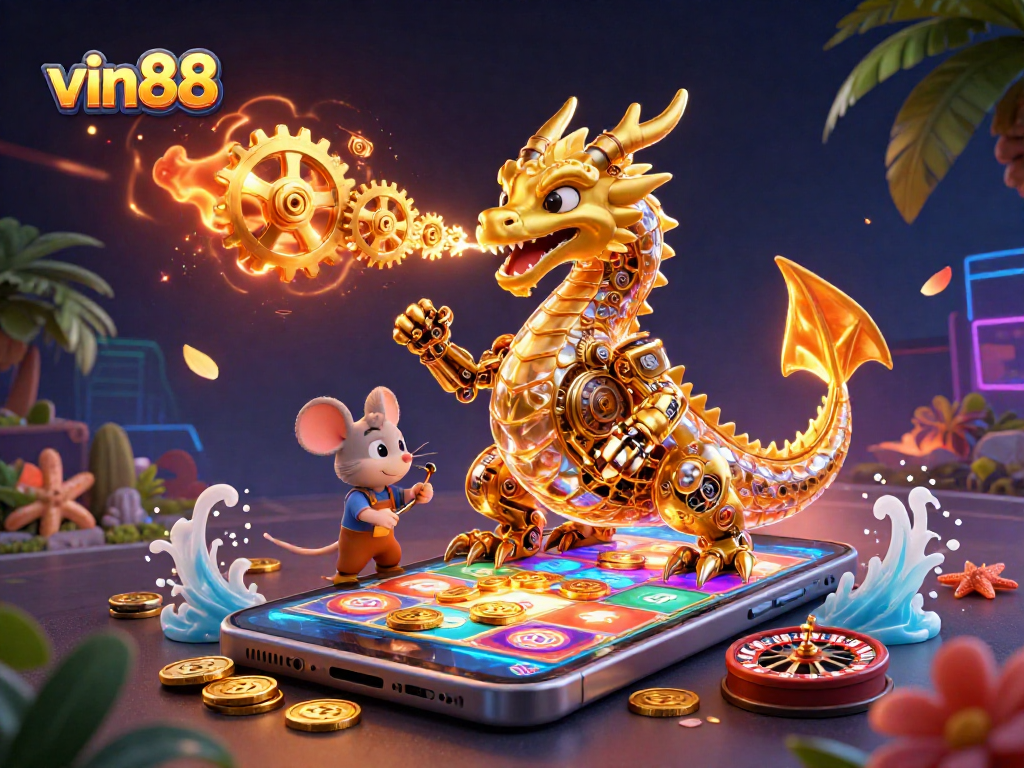 Experience thrilling gaming with vin88 featuring a golden dragon and vibrant gambling elements.