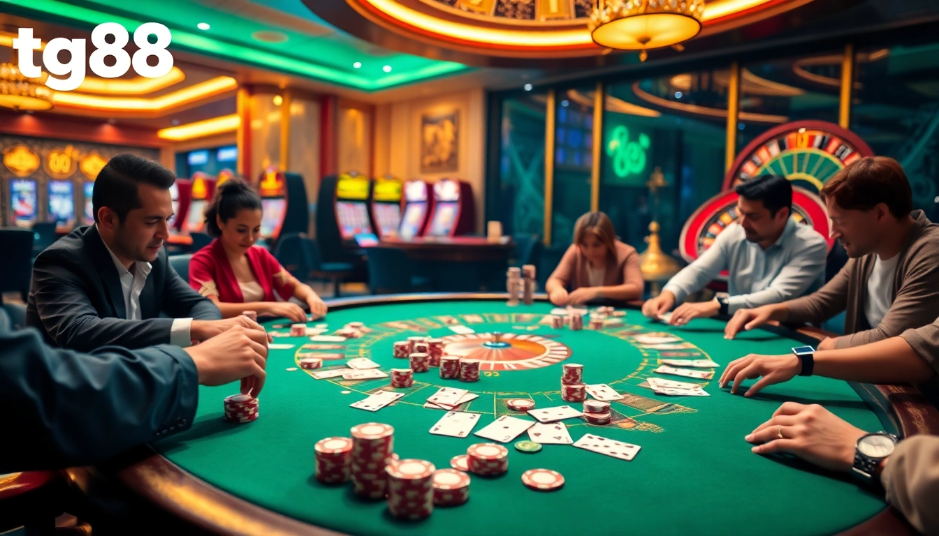Players enjoying a thrilling game at a tg88 poker table, with vibrant chips and cards in action.
