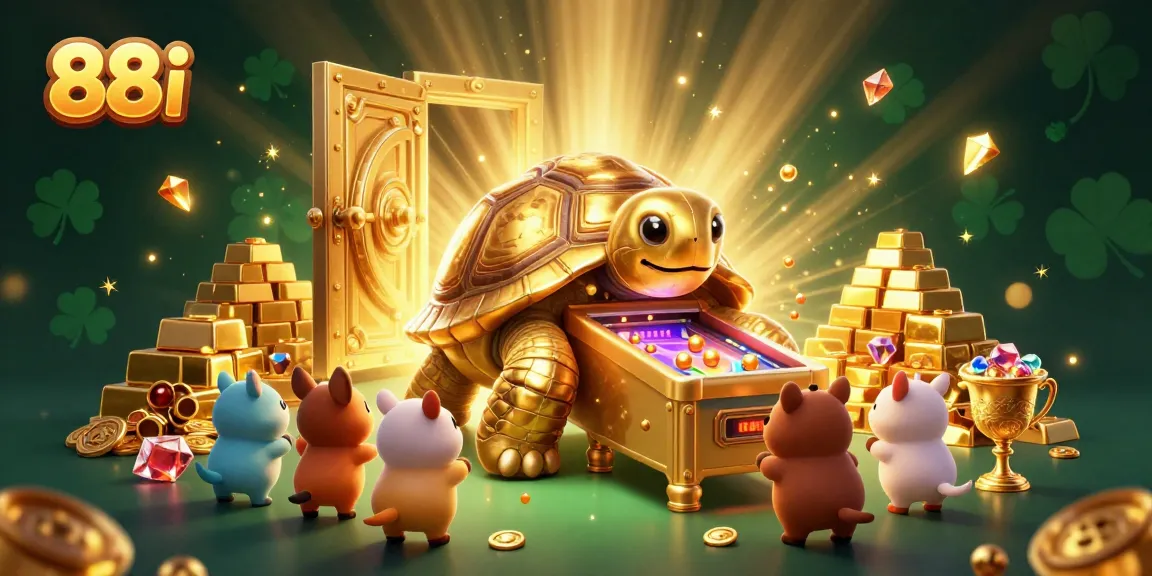 Play and win big at 88i with a golden tortoise-themed casino illustration filled with treasures.