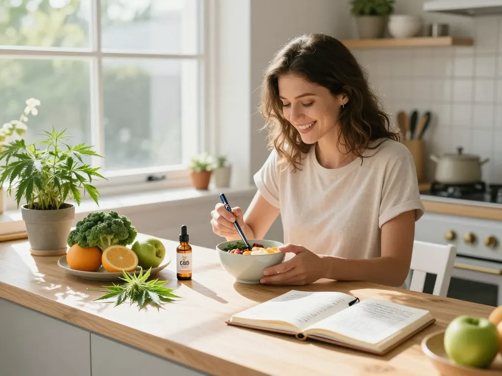 Sigarette elettroniche accanto a olio di CBD e frutta fresca in una cucina luminosa, promuovendo il benessere naturale.