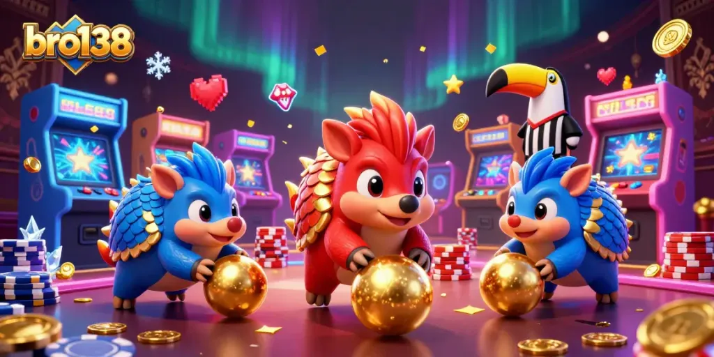 Experience intense gameplay with bro138 as rival pangolins clash amidst dazzling casino elements.
