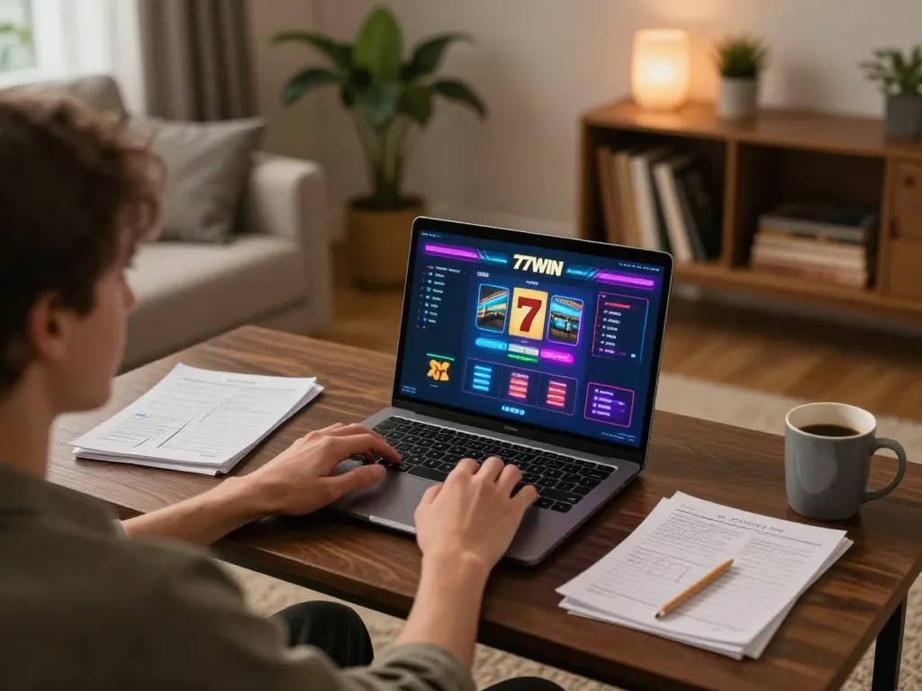 Player enjoying online gaming on 77WIN platform, highlighting engaging gambling experience in a cozy setting