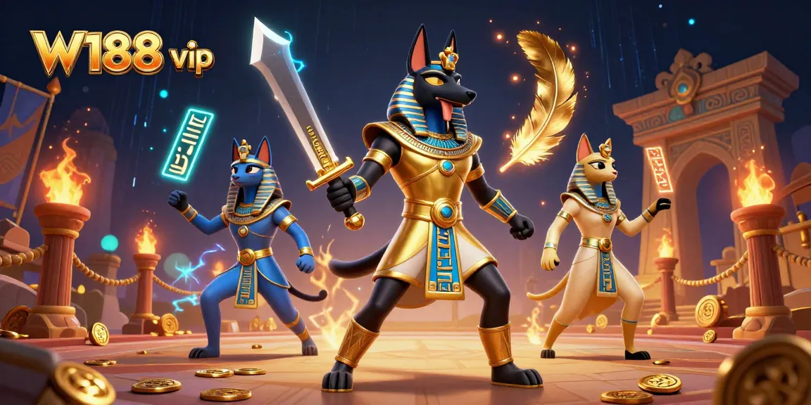 Engage with W188 vip in this vibrant 3D casino illustration featuring ancient Egyptian elements.