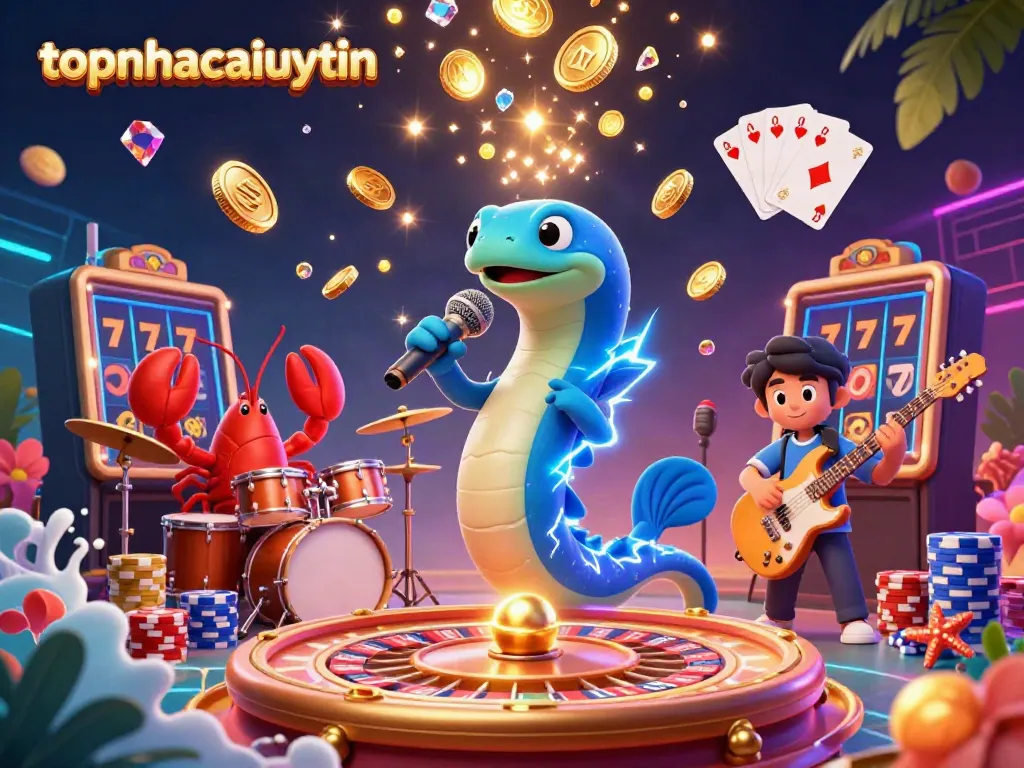 Experience electrifying thrills at topnhacaiuytin with a vibrant underwater casino featuring an electric eel DJ and colorful gaming elements.
