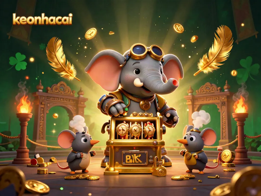 Spin the golden slot machine with keonhacai's steampunk elephant engineer, surrounded by stunning gambling elements.