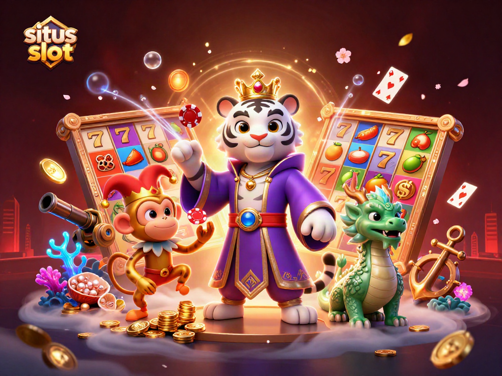 Engaging 3D illustration of situs slot with a white tiger, monkey juggling chips, and a jade dragon.
