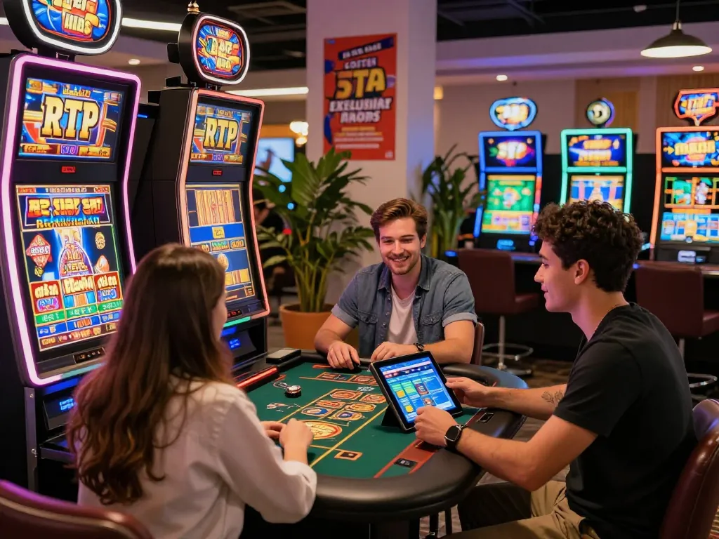 Experience the excitement at https://789p1.de.com with friends enjoying vibrant gaming activities in a modern casino setting.