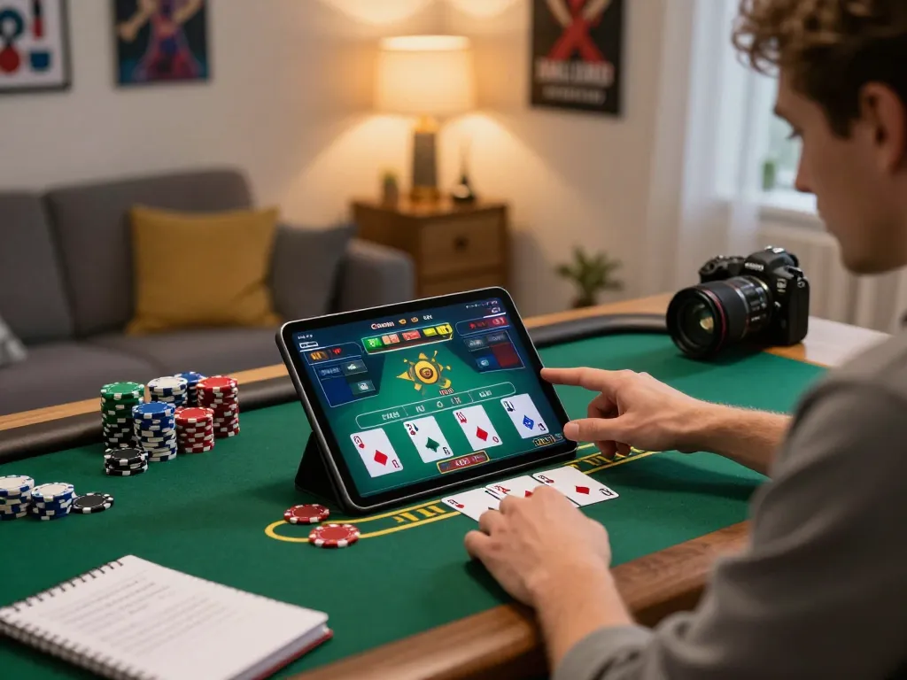 Person playing MB66 live blackjack on tablet in a stylish home office.