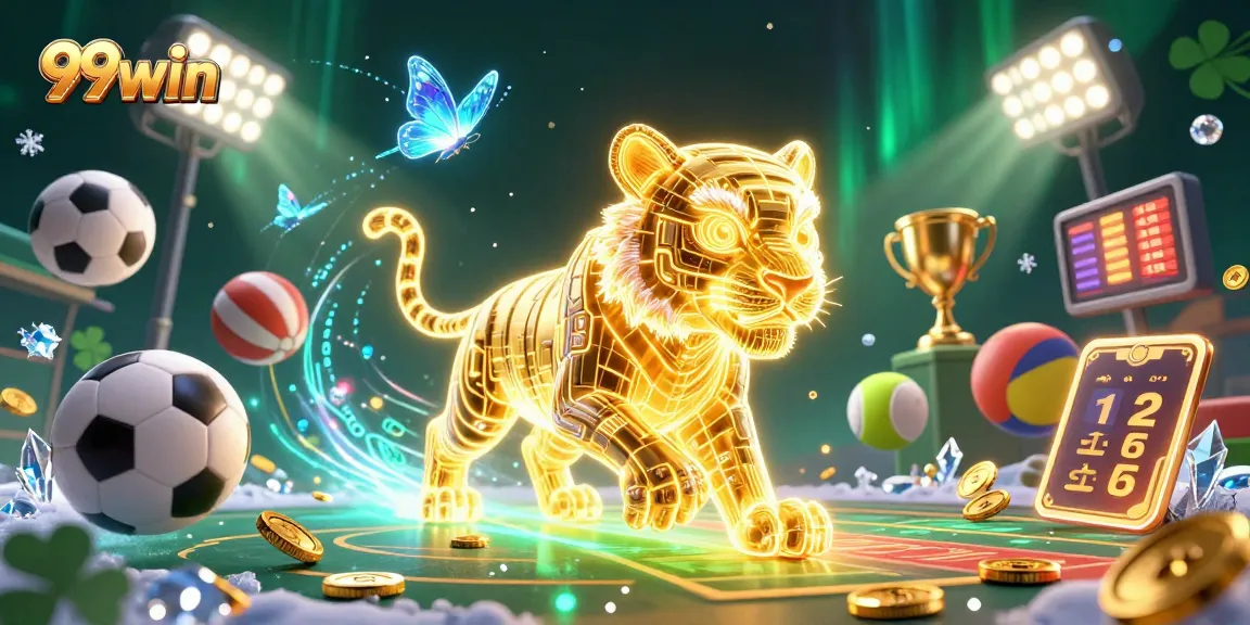 Engage with the thrilling 99win casino scene featuring a dynamic golden tiger and vibrant sports elements.
