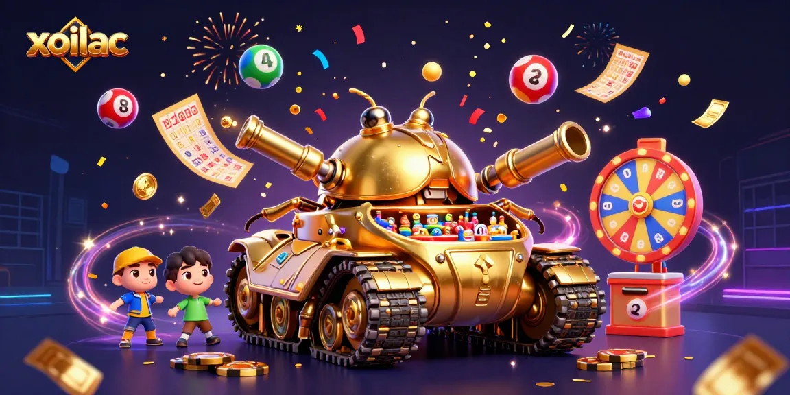 Engage with xoilac's vibrant 3D casino scene featuring a massive golden beetle tank and festive game elements.