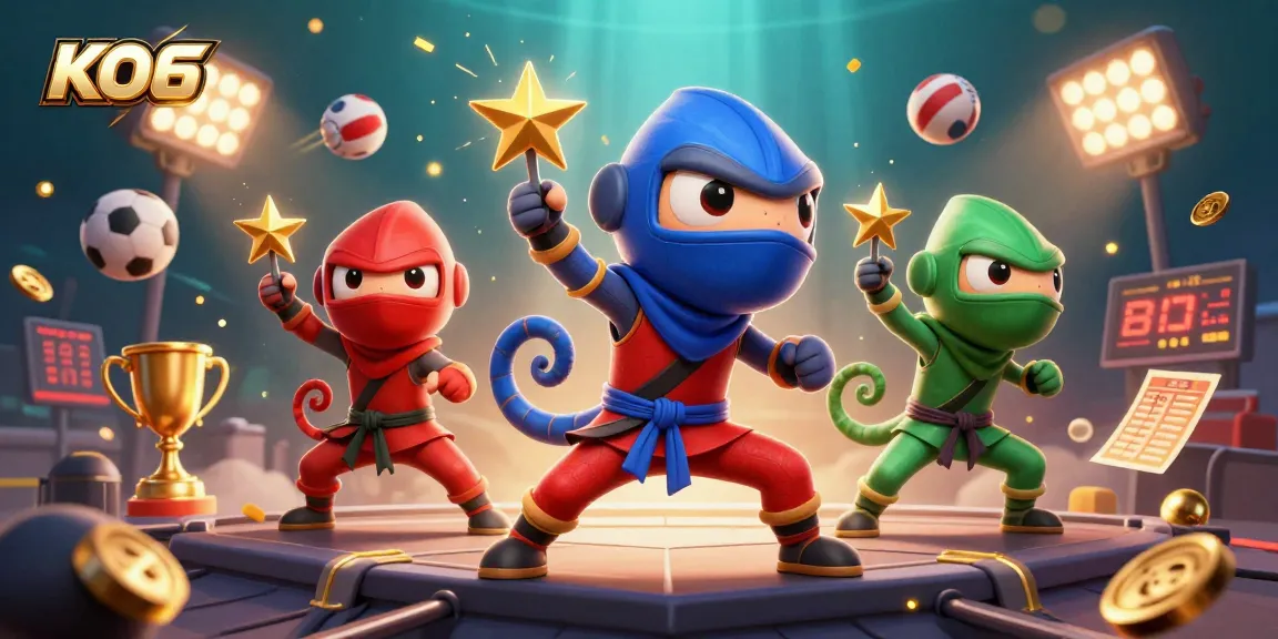 KO66 showcases an exciting scene with ninja chameleons, sports elements, and casino visuals.